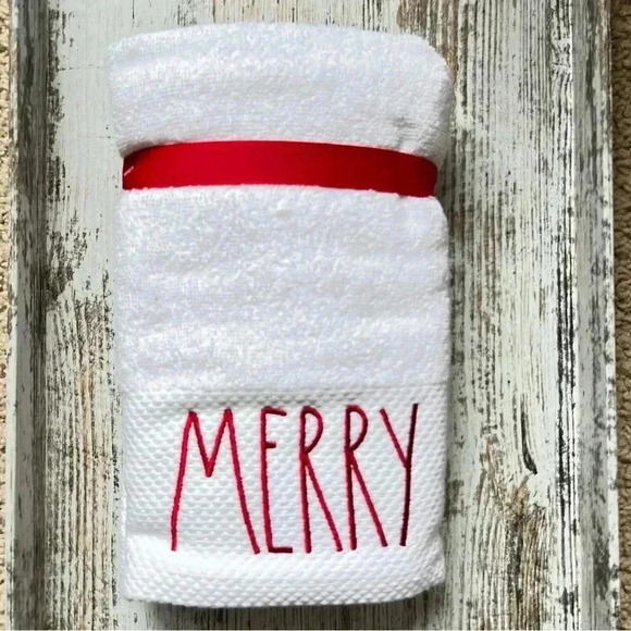 NEW - SET of 2 - MERRY - Rae Dunn - White with Red Embroidering Hand Towel SET - Picture 7 of 7